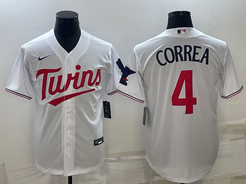 Men's Minnesota Twins #4 Carlos Correa White Cool Base Stitched Jersey